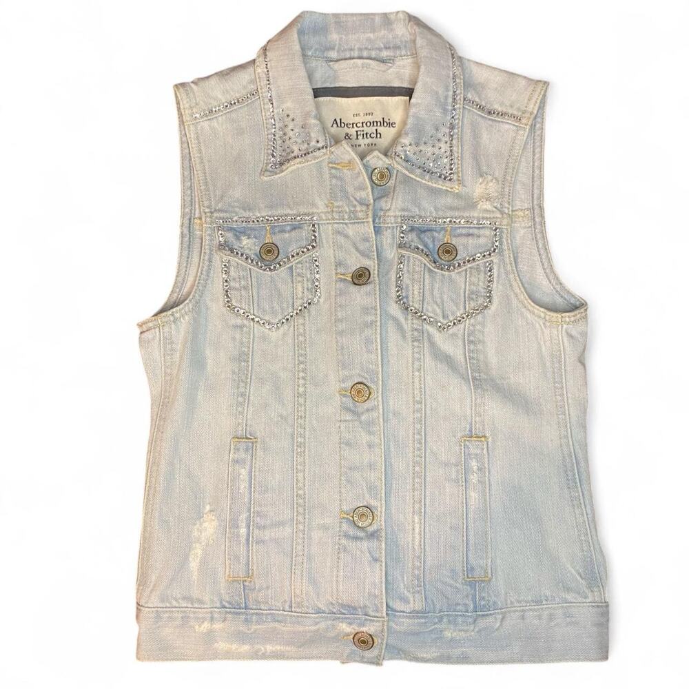Abercrombie & Fitch light blue denim vest with rhinestone details, size XS